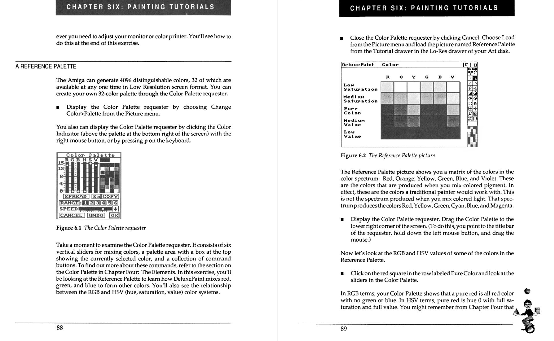 Two pages from the manual, which was printed in black and white. Notable because this section of the manual is describing palettes and color mixing.