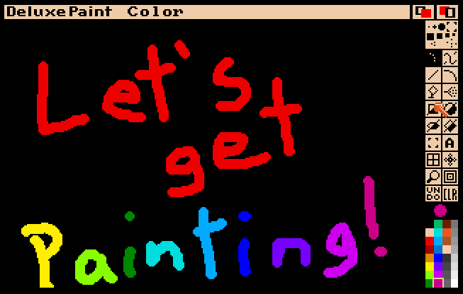 Deluxe Paint 3 ready to paint. Crudely hand drawn lettering by the author reads, "Let's get painting!" in colorful letters.