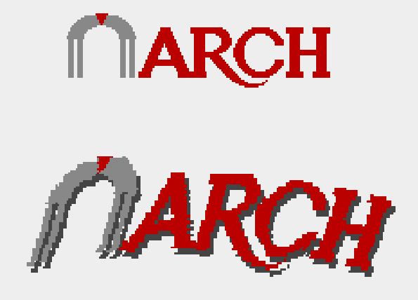 A logo for a fictional company called "ARCH" it features a great arch logo next to red letters spelling "ARCH". The stem of the R loops under the adjacent C. The second image depicts the base logo distorted in coarse pixels due to rotation, scaling, stretching. The pixels are chunky and aliased.