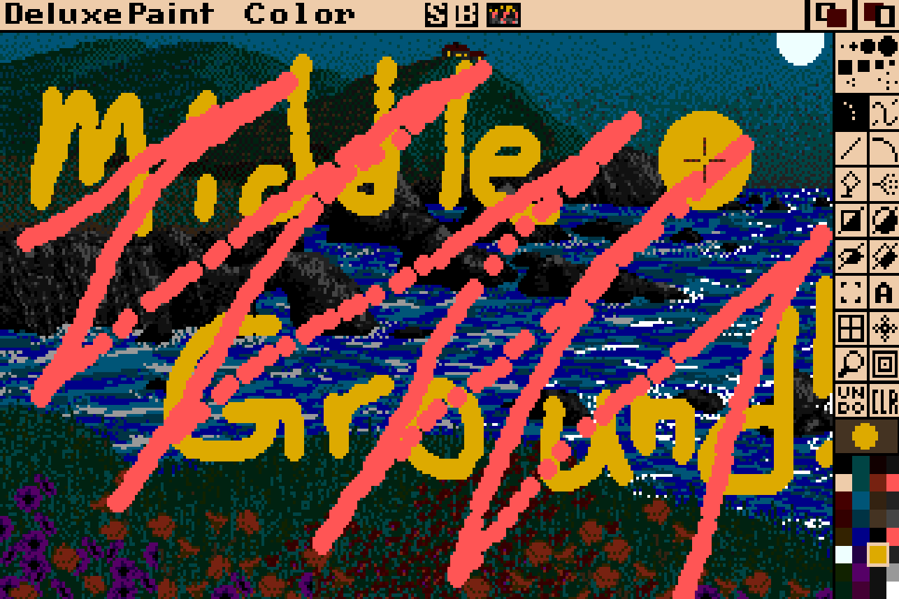 A beachscape image, with water coming up to a rocky shore at dusk. On top of that is a salmon colored scribble. Between these two layers is yellow handwritten text that reads "Middle Ground"
