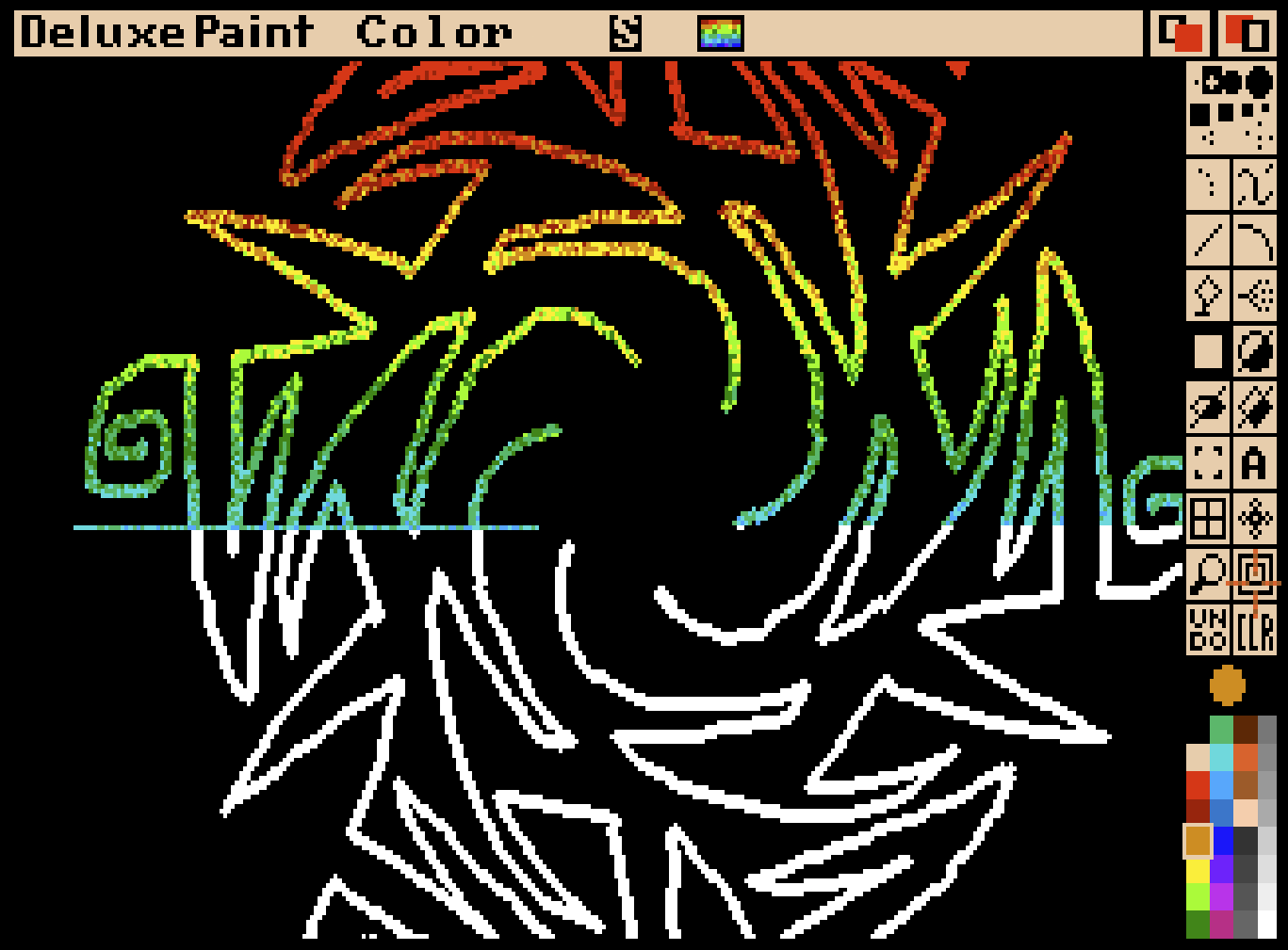 Deluxe Paint 3 interface showing a white-on-black scribble done in radial symmetry, giving it a shade of "tribal tattoo" energy. A gradient fill in rainbow colors is midway through filling the white lines in color, leaving the black background untouched.