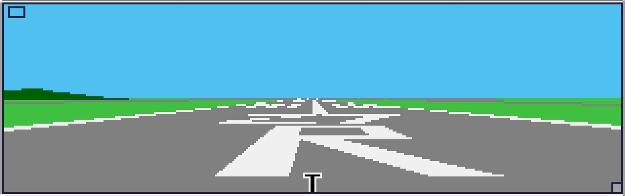 Cropped screenshot out the cockpit window in Flight Simulator 2 for the Amiga. It show perspective lettering in white on the grey tarmac.