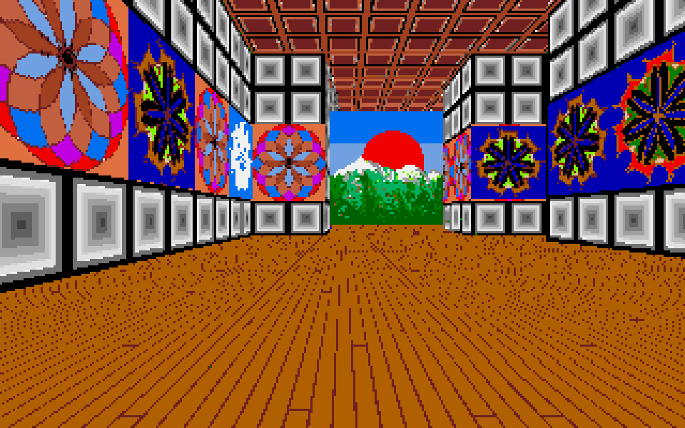 A relatively garish image of pixel art scaled and rotated into position to form a room interior. Floorboards are flanked by colorful, geometric paneling on the walls. Ceiling tiles are simulated similarly in red-brown. The view is from down low, looking through the room to an opening on the opposite side, ouside of which the sun sets behind a mountain.