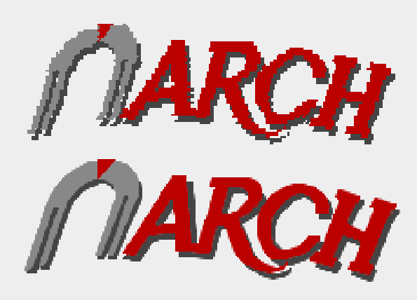 The same distorted ARCH logo from before sits above a vastly improved version. The logo has had all coarse pixels repainted in native screen resolution and anti-aliasing has been hand-applied to smooth out the edges further.