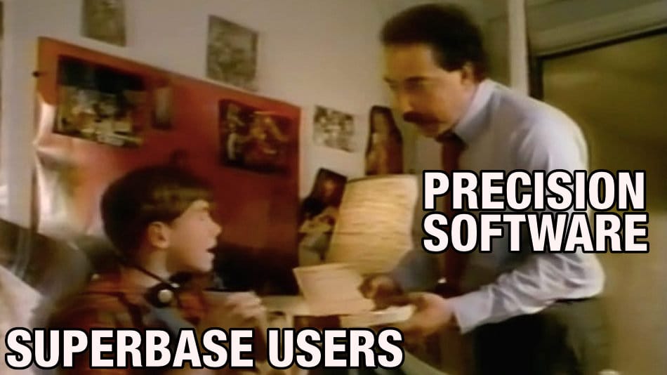Screen capture from a famous anti-drug commercial back in the 80s. A father confronts his son with a box of drug paraphenalia he found. The angry father is presenting the open box to his son, who is on the defense. For this meme I've labelled the father as "Precision Software" and the child as "Superbase Users"