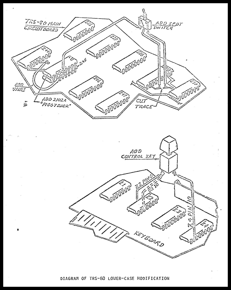 Clipping from an Electric Pencil manual illustrating how to physically wire in a control key and lowercase character support into your TRS-80
