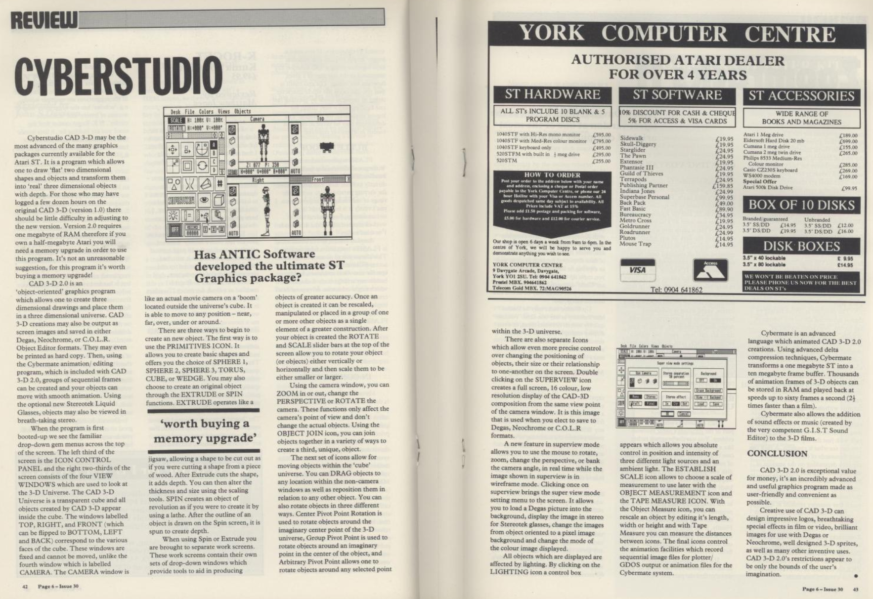 Two-page magazine spread reviewing Cyberstudio. The conclusion reads, "CAD 3-D 2.0 is exceptional value for money, it's an incredibly advanced and useful graphics program mad as user-friend and convenient as possible. CAD 3-D 2.0's restrictions appear to be only the bounds of the user's imagination."