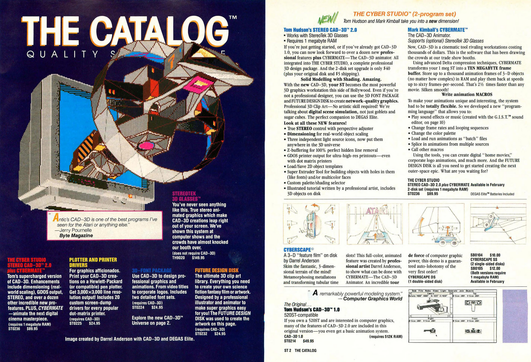 Two-page spread of Cyber Studio software. It is arranged almost like a magazine article, but is pure advertising. This spread focuses on "New! Tom Hudson and Mark Kimball take you into a new dimension!" Half of the ad focuses on "Tom Hudson's Stereo CAD-3D 2.0" and the othr half on "Mark Kimball's Cybermate" (animation package)