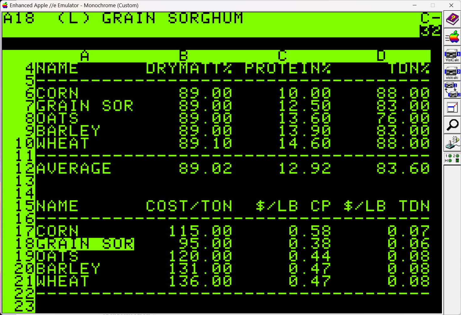 Screenshot from VisiCalc showing sample information from the agriculture book. Grain types are listed on the left side in column A: corn, grain sorghum, oats, barley, wheat. Further columns define and calculate information about the grains such as dry matter percent, protein percent, cost per ton, and other things that I honestly don't know what they mean. I was just typing what the book said!