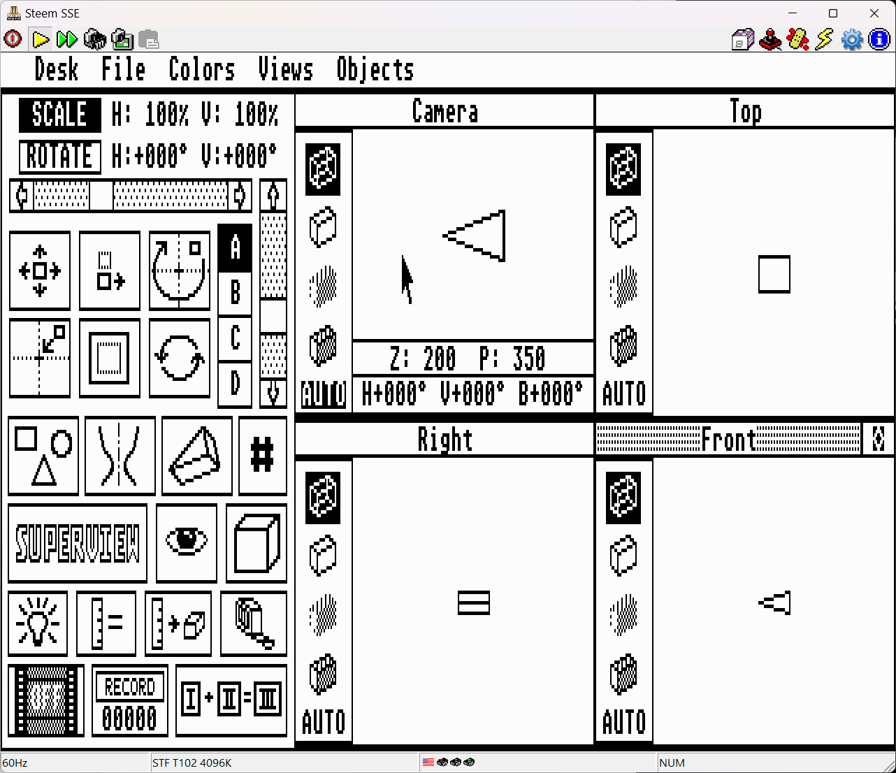 A complex screenshot of the user interface for CAD-3D v2. The left 1/3 has 20 very large buttons to toggle functions, two scroll bars to handle transformations, and various value readouts to understand the change in scale, rotation, zoom, etc. The right 2/3 is split into a 2x2 grid of small windows showing the camera view, top, right, and front views of the world.