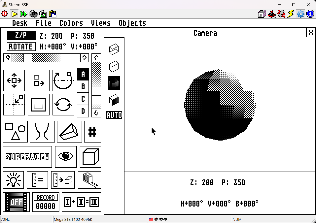 This screenshot is essentially the same as the previous one, only in much higher resolution. The icons are far more detailed, the text looks smoother, and this time the interface is focused on just one camera view rather than the 2x2 grid of views. A sphere in the middle is rendered in black and white ordered dithering.