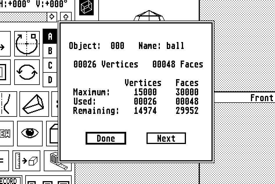 Pop-up panel of the current memory usage for the selected object and scene. The breakdown is by "vertices" and "faces." The object values are given, as well as for the scene. We see "maximum" "used" and "remaining" counters for these values. Currently, a single icohedron is in the scene. Maximum 15,000 vertices. Used 26 vertices. Remaining 14974 vertices.