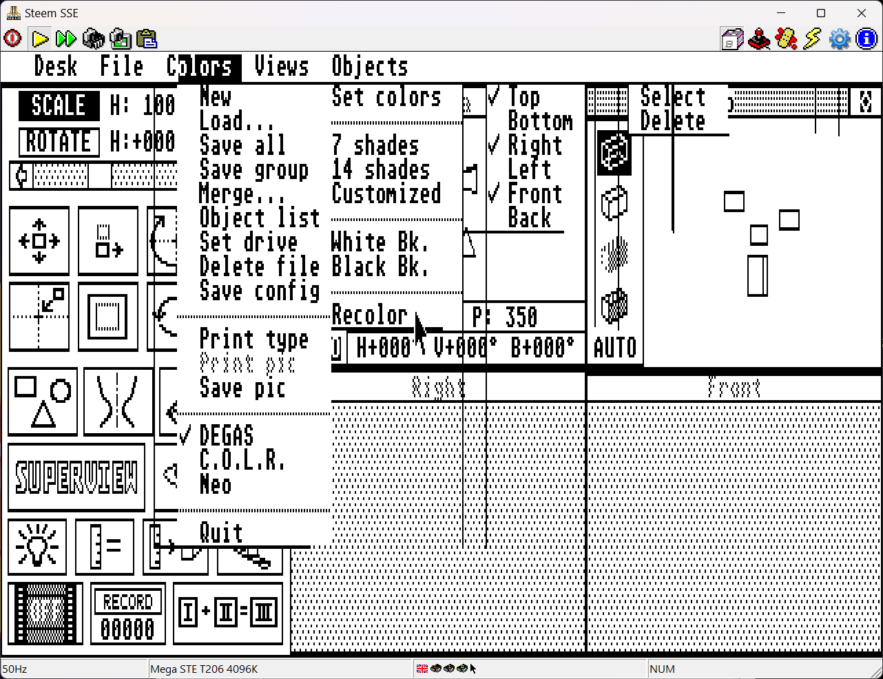 A medium-resolution screenshot from CAD-3D running under EmuTOS. Menus are garbled and won't clear from screen after being selected, leaving ghost menus all over the interface. Impossible to use.