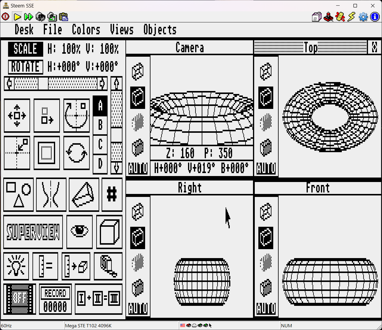 The standard 2x2 view interface. A torus is in the scene, the camera view is close and slightly overhead to emphasize its wormhole-esque curvatures down the center. The object looks distorted, as described, in the other 3 views.