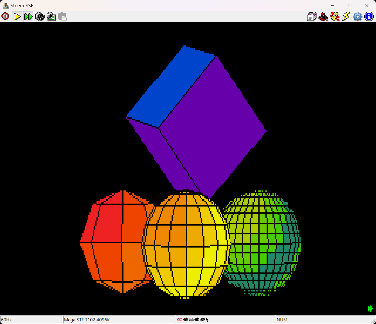 Three spheres of decreasing coarseness are arranged at the bottom. The leftmost is orange-red, the middle one is light orange into yellow, the right sphere is light green into dark green. Floating about the three spheres is a blue and purple cube. The background is just black.