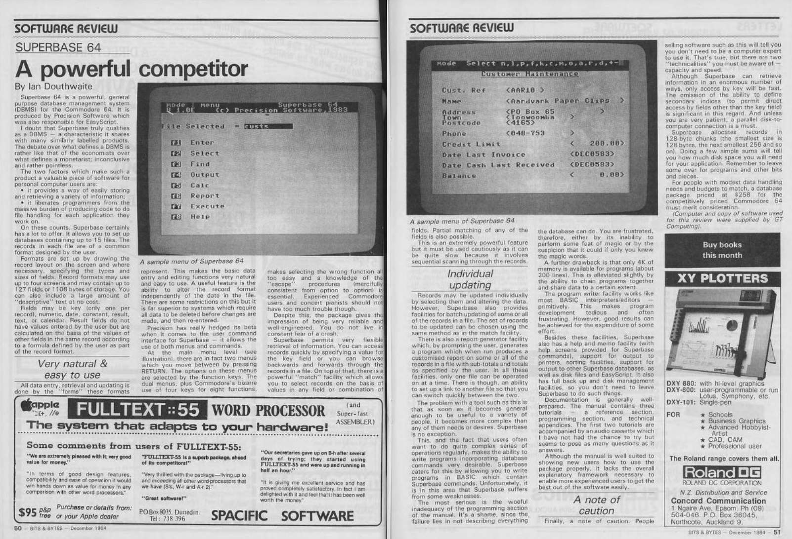 A screenshot of a two-page review from Bits & Bytes magazine, December 1984 edition. Titled "A powerful competitor", subsections are titled, "Very natural & easy to use", "Individual updating", and "A note of caution" which states, "People selling software such as this will tell you you don't need to be a computer expert to use it. That's true, but there are two technicalities you must be aware of - capacity and speed."