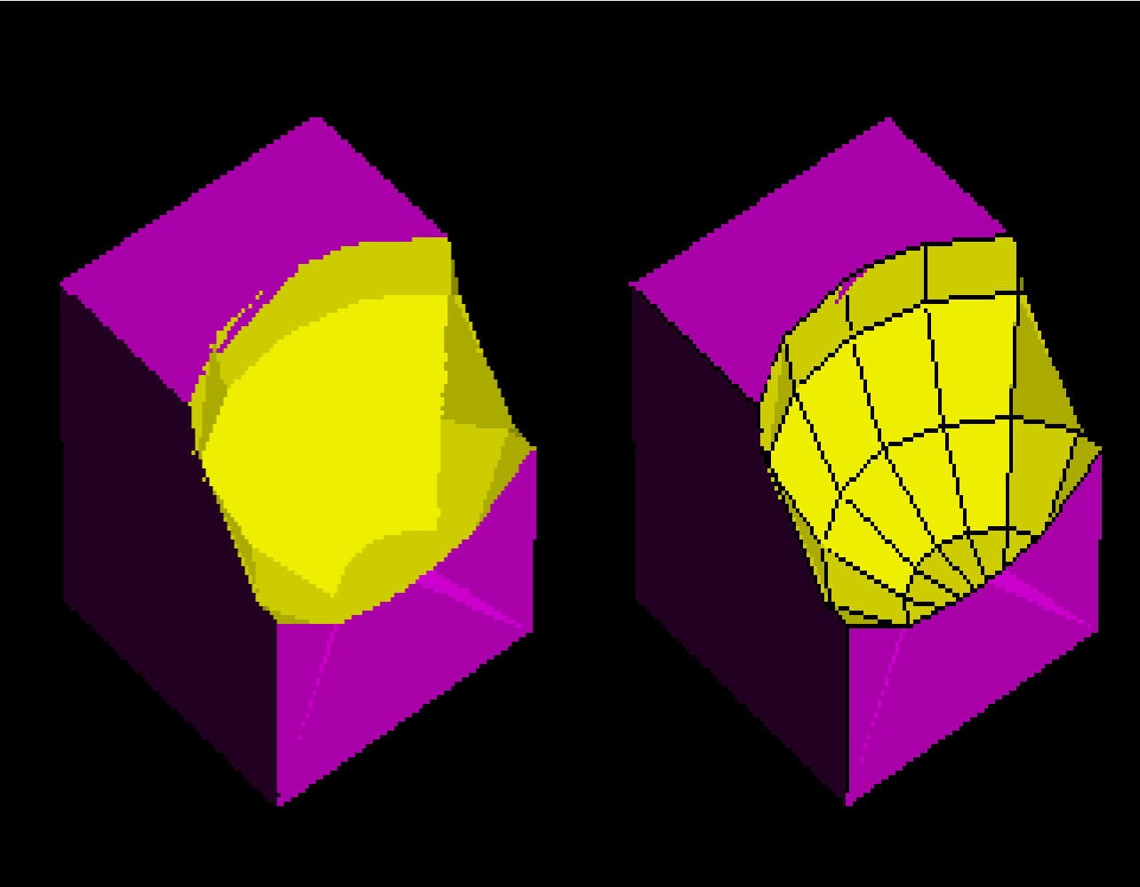 Two renders of the same thing, with different rendering styles. A yellow sphere has been subtracted from a purple cube. The image on the left does its best to render this "realistically" while the right outlines every face with a one-pixel wide black line, giving a more cartoonish, "this was drawn on a computer!" appearance.