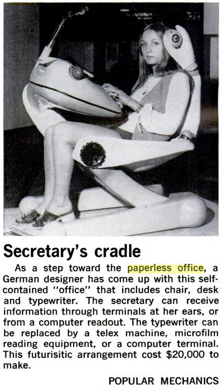 Vintage magazine clipping from Popular Mechanics showing a futuristic "Secretary's cradle"—a pod-like workstation with a woman seated inside, featuring a chair, desk, and typewriter. The brainchild of a German designer, the setup includes audio terminals at her ears and options to swap the typewriter for a telex machine, microfilm reader, or computer terminal. The concept promotes a paperless office and cost $20,000 to build.
