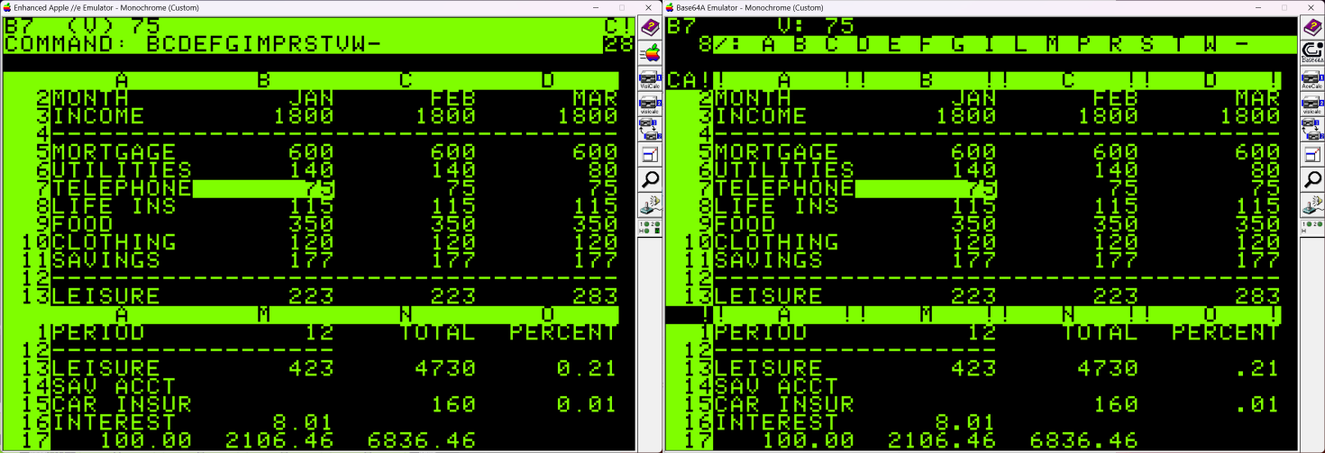 Both screenshots show the same data, though the AceCalc screen has a more cluttered look, in my opinion. A kind of fractured use of inverse text makes it hard to understand the division of areas. Extra exclamation points are used in the column header area to supposedly demarcate the boundaries of the column width, but instead just make the interface junky.