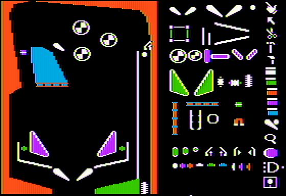 Screenshot of the Apple 2 version of Pinball Construction Set. The left half is devoted to the pinball table playfield, the right half is a neatly arranged set of objects that can be added to the table, like bumpers, flippers, magnets, rollover, and more. The far right edge holds the interface icons for selection, cut and paste, accessing the logic editor, saving the table, and so on. All rendered in Apple 2's familiar orange/blue/purple/green/white/black color palette.