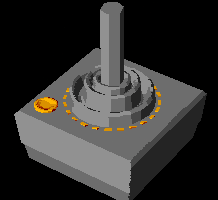 A CAD-3D render of my recreation of an Atari CX-40 joystick. A thick, black beveled base with a bright orange fire button. The wavy rubby skirt of the joystick proper is present. Surrounding the skirt are neatly spaced small orange marks which in the original I think are meant to orient the stick in your hand, like a compass? I never really thought about it beyond just the aesthetics, to tell you the truth.