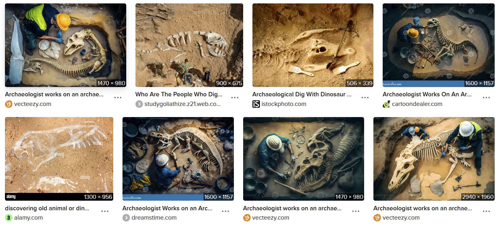 I don't know how to describe this other than "AI slop." 8 clearly fake, almost repulsive, images ostensibly depicting archaeologists digging up dinosaur bones. The bones are freaky, often with too many eye sockets, strangely shaped jaws, distorted spines, and too perfectly preserved. One has 1 1/2 heads? The bottom left image seems to show simple bones in dirt, but it looks staged. The bones are too clean, the dirt is too loose.