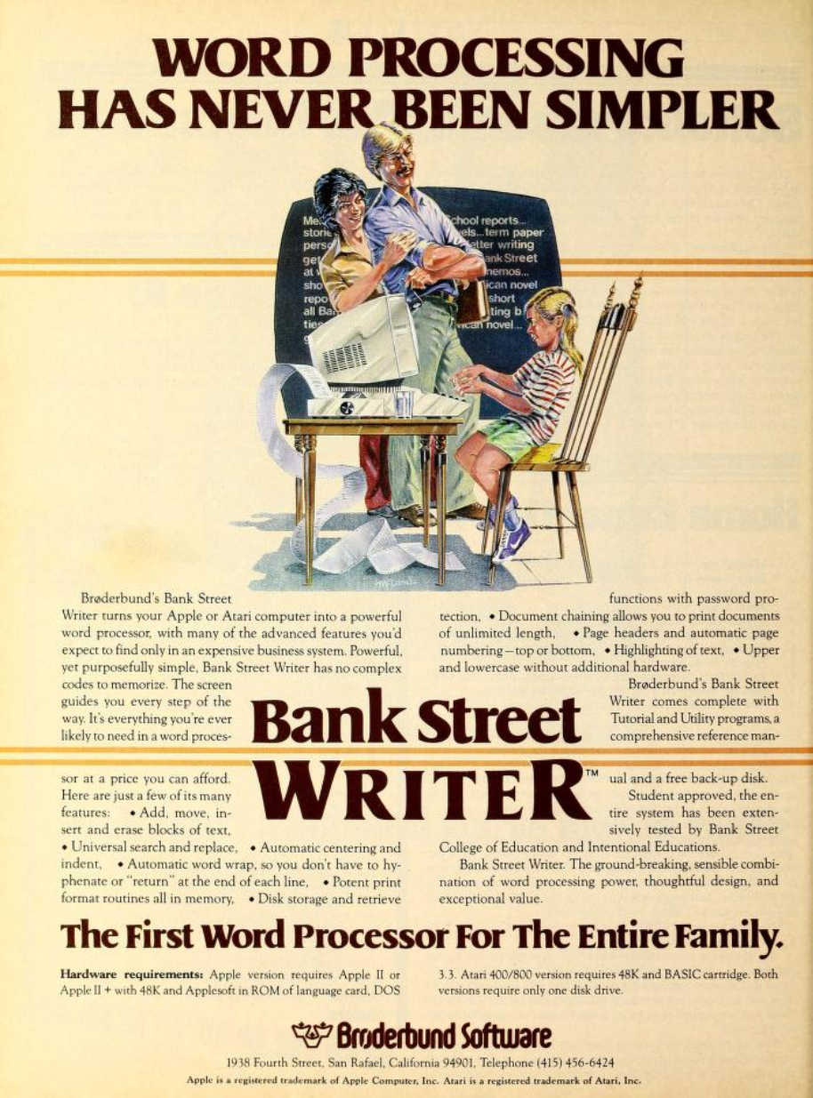 A full-page vintage advertisement for Bank Street Writer showing a smiling father standing behind two children at a small table with an Apple computer, paper spilling to the floor. Large text at the top proclaims ‘WORD PROCESSING HAS NEVER BEEN SIMPLER,’ and the copy below touts features like automatic wrap, text highlighting, and even the ability to use lowercase letters.
