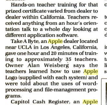 A clipped magazine paragraph describing how an Apple dealer near UCLA trained about 35 teachers for one hour and 20 minutes, deemed sufficient for schools to qualify for Apple’s computer-donation program.