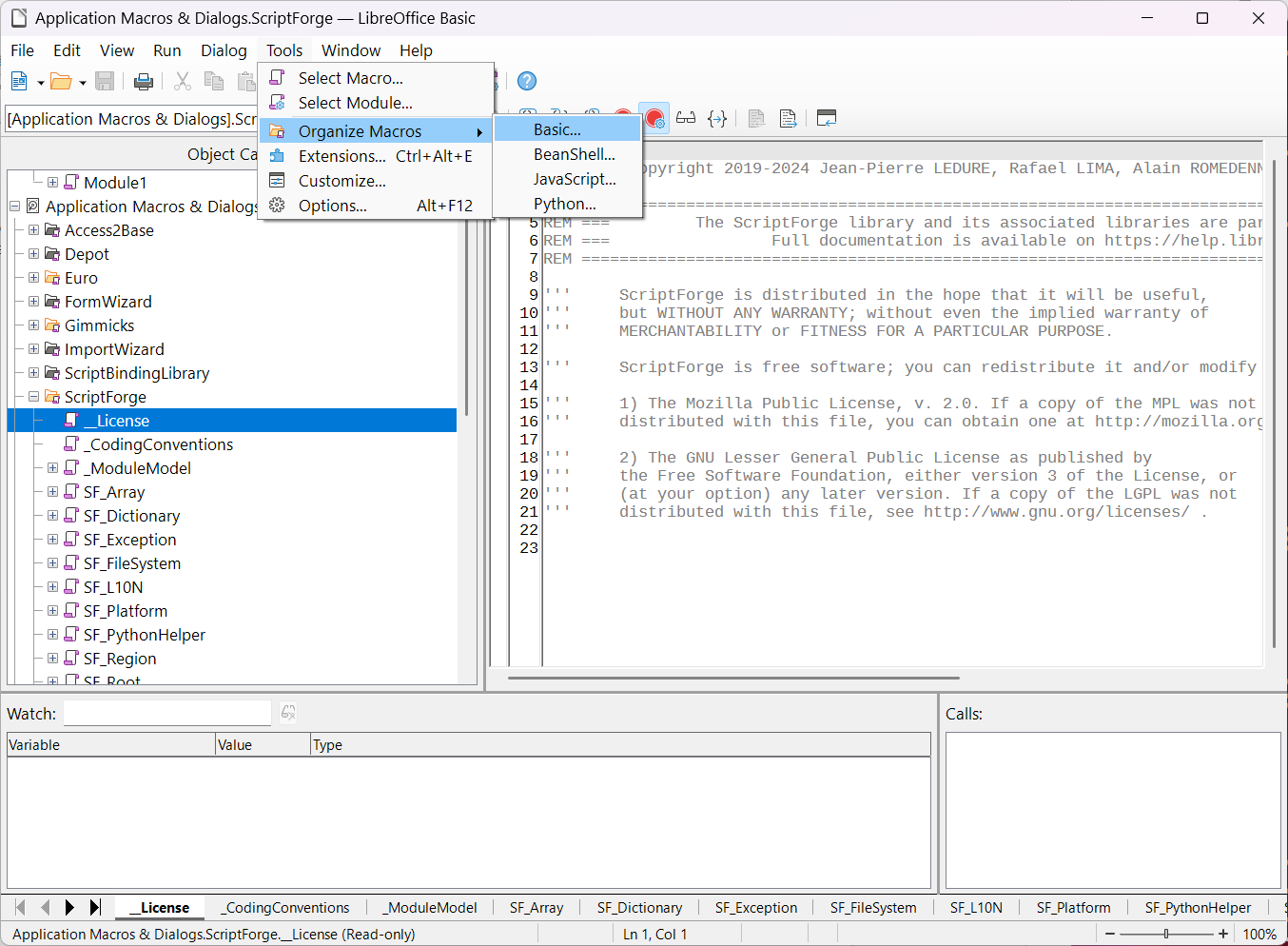 The LibreOffice macro editor, with a dense tree of script libraries on the left and a code window on the right. A menu is open under Tools → Organize Macros, showing options for Basic, BeanShell, JavaScript, and Python. An intimidating, programmer-oriented interface.