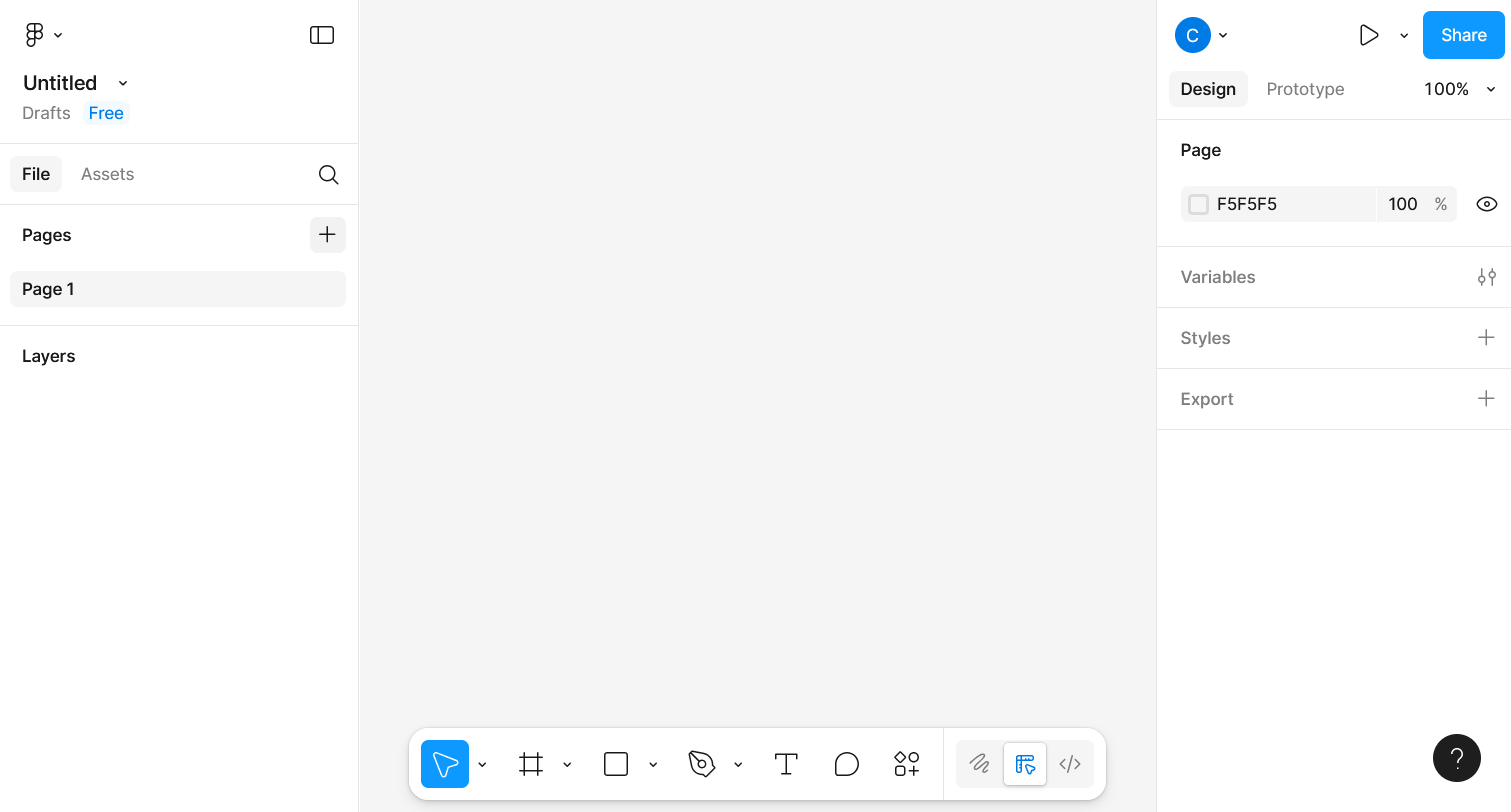 Screenshot of a new document in Figma. A child-like set of 7 tools in a toolbar, each occupying an inordinate amount of space, with tools on the left and right taking up just huge amounts of room for very little information, with no visual distinction between tool palette headers and the information contained therein. In this writer's humble opinion, it looks like a sketch of an idea of a prototype for a possible proper user interface that might be developed one day.