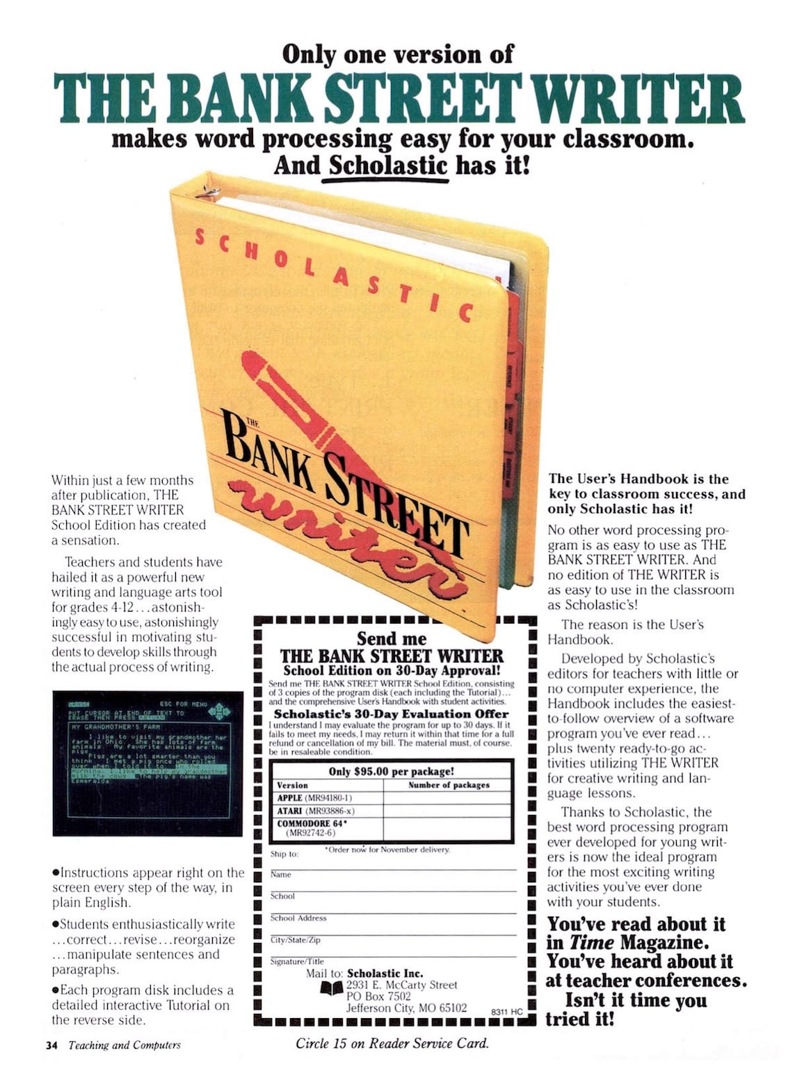 A full-page advertisement for the Scholastic edition of The Bank Street Writer, featuring a yellow three-ring binder with the program’s name on the cover. The ad emphasizes ease of classroom use, student enthusiasm, and the included printed teaching materials, and offers a 30-day evaluation package for schools.