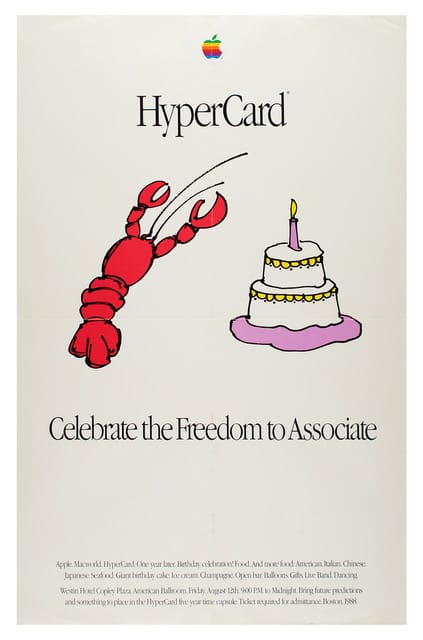 A promotional poster for HyperCard showing a red cartoon lobster leaping toward a frosted birthday cake with a single lit candle. The Apple logo and the word “HyperCard” appear at the top, with the slogan “Celebrate the Freedom to Associate” printed below the illustration.