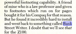 A cropped magazine clipping describing a law professor who abandoned a complex word processor and switched back to Bank Street Writer because the other program was too hard to install.