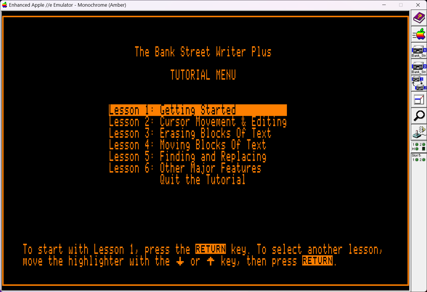 An Apple IIe emulator screen showing the Bank Street Writer Plus tutorial menu, listing lessons like Getting Started, Cursor Movement, and Finding and Replacing.