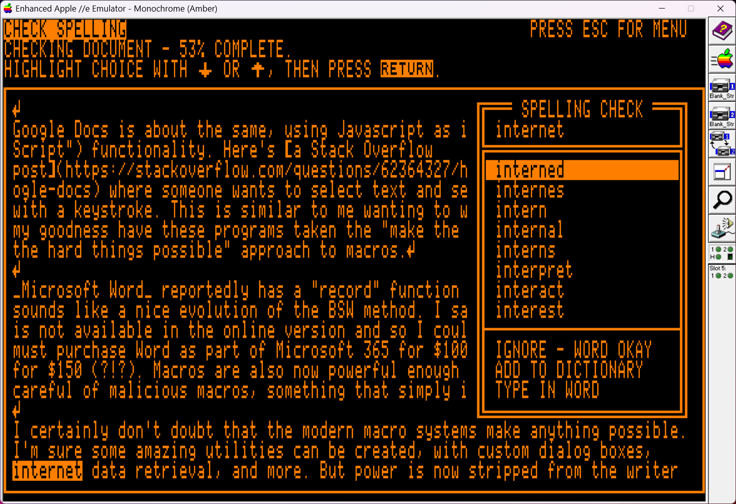 Bank Street Writer’s spell-check screen in an Apple IIe emulator, showing progress text at the top (‘CHECK SPELLING… 53% COMPLETE’) and a neatly boxed list of suggested replacements for the word ‘internet.’ Clear prompts explain how to move the cursor and what each option does.