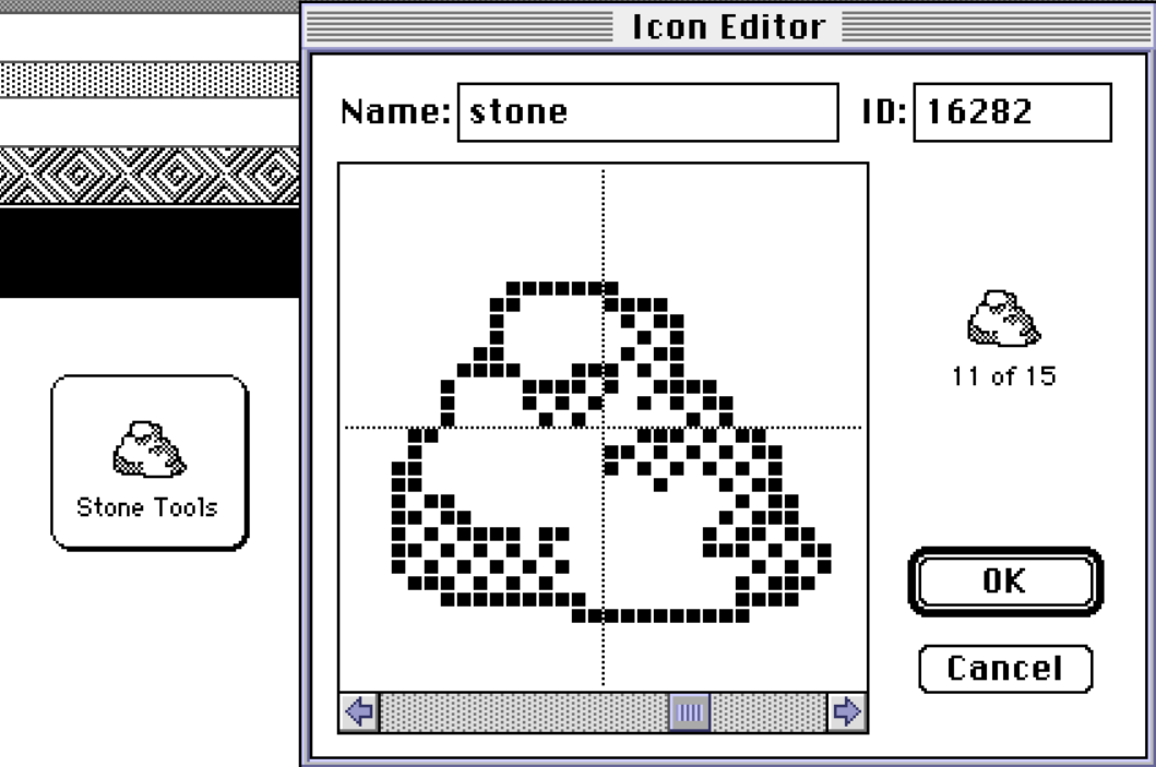 A HyperCard Icon Editor window showing a pixel grid with a hand-drawn black-and-white icon resembling a small rock. The icon is named “stone,” with its ID displayed, and preview thumbnails appear to the side alongside OK and Cancel buttons.