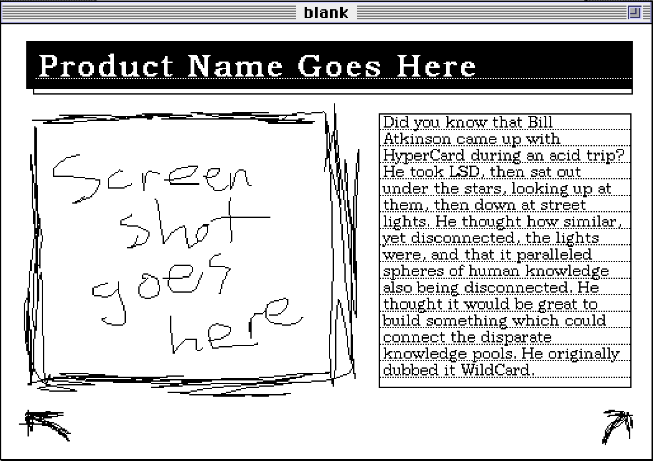 A HyperCard card design in progress, showing a title header, a sketched placeholder image area on the left, a scrolling text field on the right, and sloppily hand-sketched navigation arrows at the bottom.