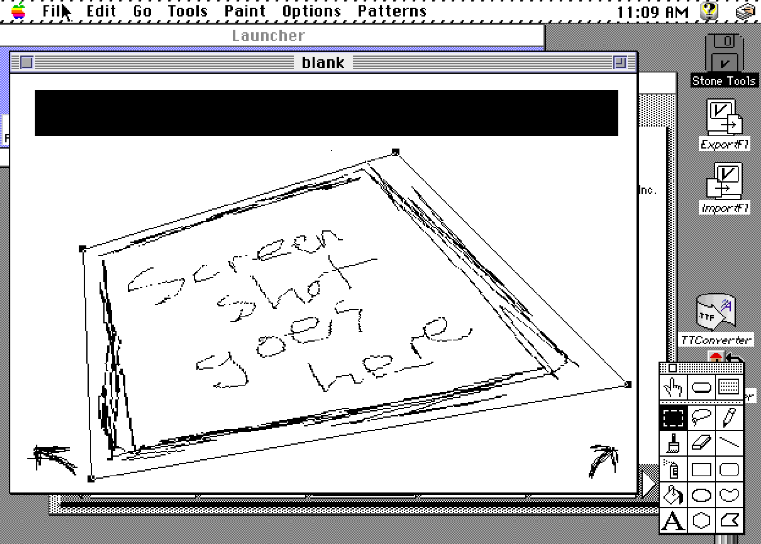 A HyperCard screen showing a drawing on the background layer being interactively distorted, with visible selection handles and drawing tools open along the right side of the screen.