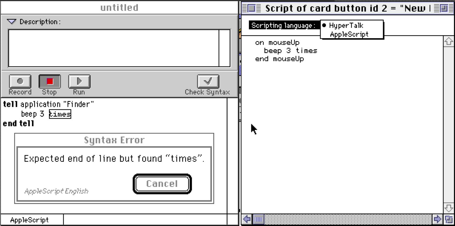 Side-by-side view of AppleScript Script Editor reporting a syntax error, contrasted with a HyperTalk button script window showing a similar script without any warning.