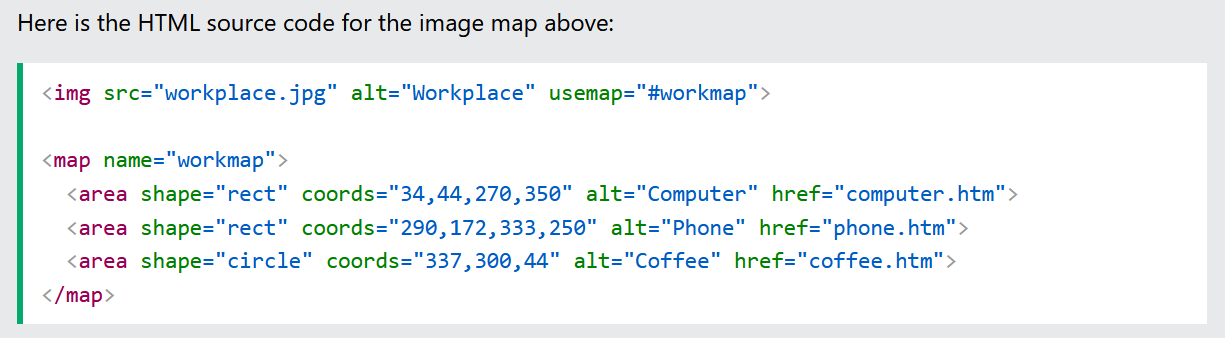 A code snippet demonstrating an HTML image map, with rectangular and circular clickable areas defined using <area> tags and coordinate values.