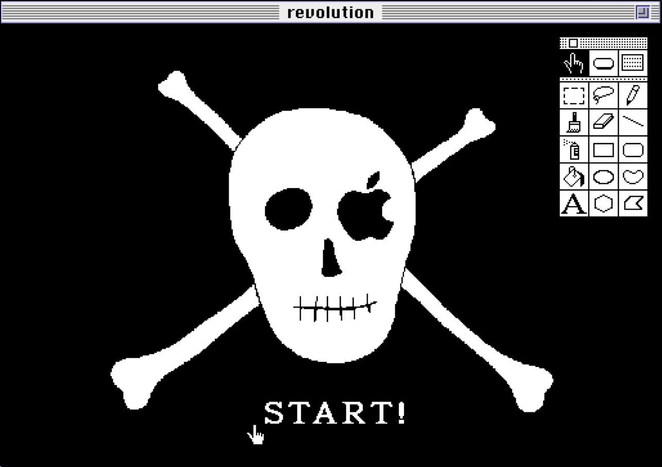A monochrome HyperCard screen showing the original Macintosh team's skull and crossbones pirate flag which flew above the headquarters for a time. One eye of the skull is the Apple logo. HyperCard's tool palette is visible along the right edge of the screen. The window is titled, "revolution." The button below the skull reads, "START!"