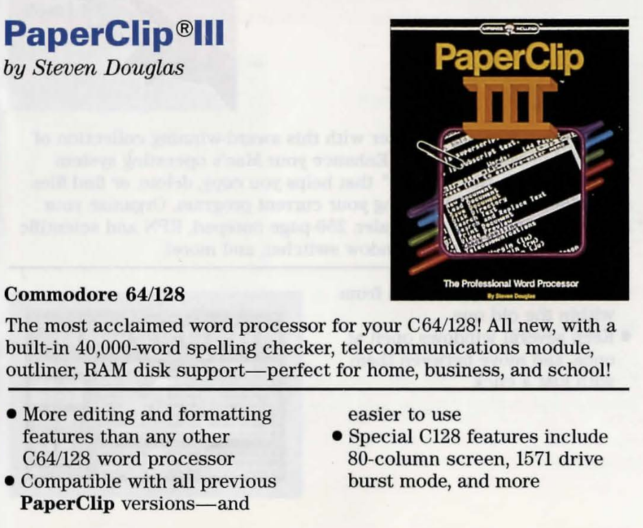 Clipping from an EA product catalog showing PaperClip III. The box art has changed significantly. It is all in black, with a screenshot of the program in a rounded rectangle front and center. Behind it, tubes of rainbow neon give it that extra nice 80s flair. PaperClip III is set in simple Helvetica, it seems, the roman 3 in extruded text. Then, an actual paperclip is just kind of lying across the upper left corner of the central screenshot. It look incongruous with the high tech design, like an afterthought.