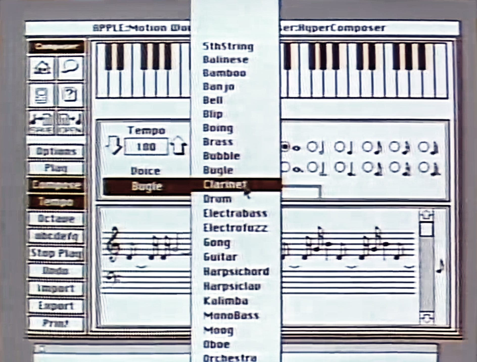 A HyperCard-based music composition interface showing two on-screen piano keyboards, musical staff notation, and a vertical menu listing instrument sounds such as banjo, brass, bugle, clarinet, and guitar. Controls for tempo and voice selection are visible, along with buttons for playback and editing.