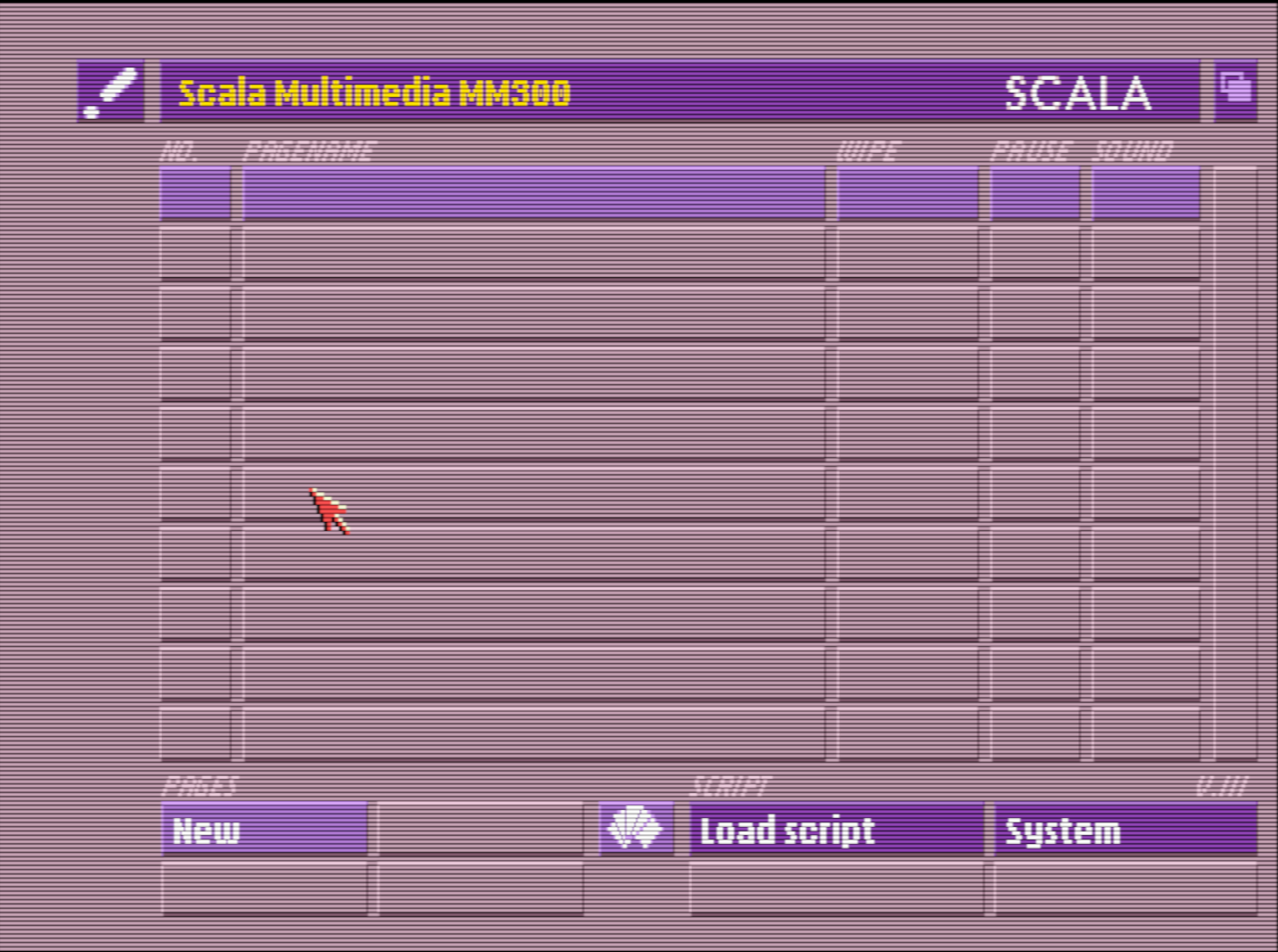 Scala Multimedia MM300 main project screen showing an empty presentation timeline: a grid of blank rows under a purple title bar, with controls for pages, wipes, pause, sound, and buttons labeled New, Load script, and System.