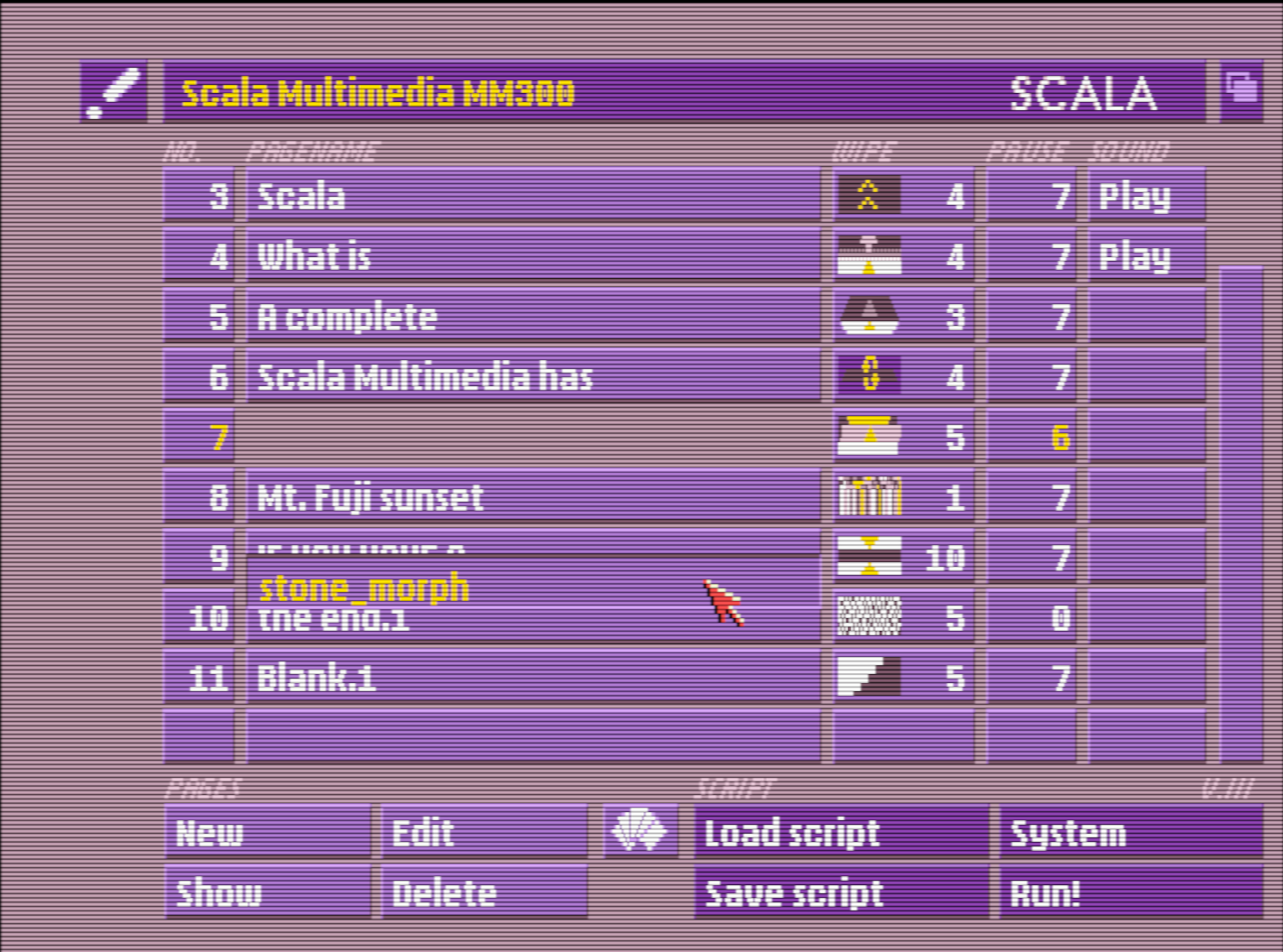 Scala's Main script list view showing pages reordered by drag and drop. Page 7 is in mid-drag into a new position between pages 9 and 10.