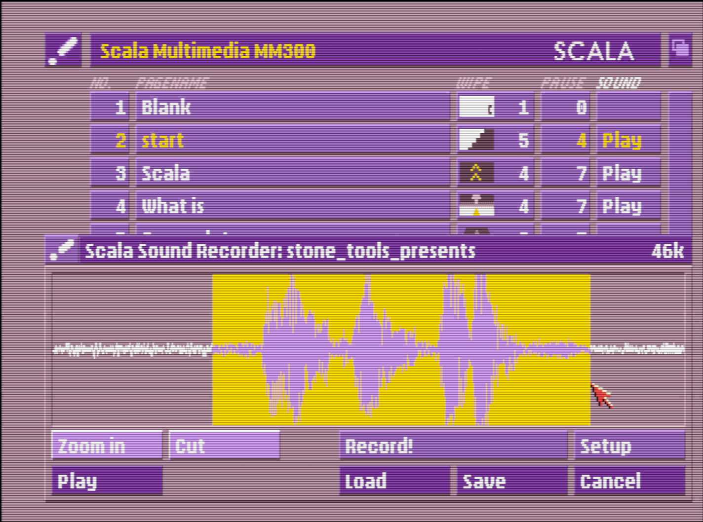 Scala's built-in sound recorder and editor showing a waveform of the phrase "stone tools presents" with a long, silent lead-in and long, silent tail being trimmed.