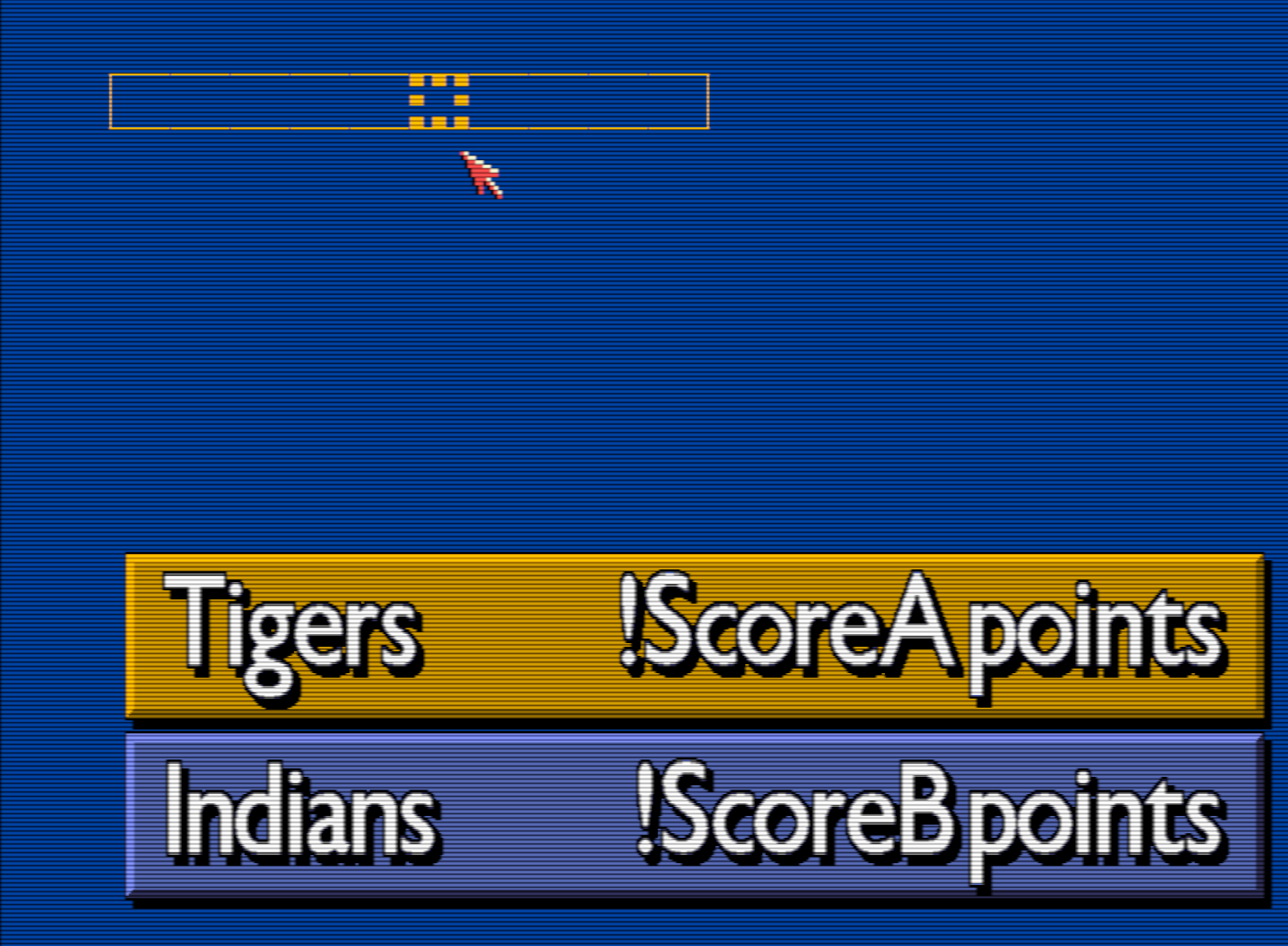 Scala Multimedia screen showing invisible interactive buttons revealed by the button editor: yellow and blue beveled rectangles are labeled ‘Tigers !ScoreA points’ and ‘Indians !ScoreB points'"