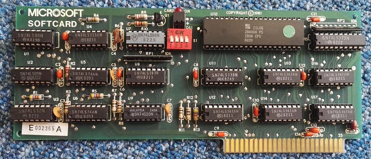 The raw Microsoft Softcard, a circuit board covered in ROM and RAM chips.