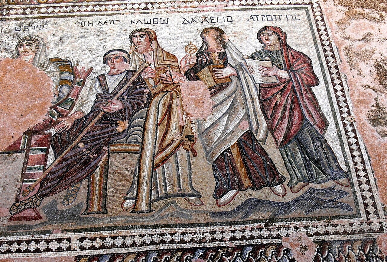  1 ⁄ 14 More details  Paphos Archaeological Park. House of Theseus: Mosaic of the bath of Achilles - King Peleus, Achilles' father, and the three Moirae Klotho, Lachesis and Atropos.