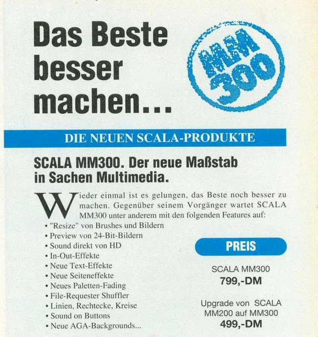 German-language advertisement announcing Scala MM300 as ‘the new benchmark in multimedia,’ listing new features and showing the price as 799 Deutsche Marks, 499 for the upgrade from MM200.